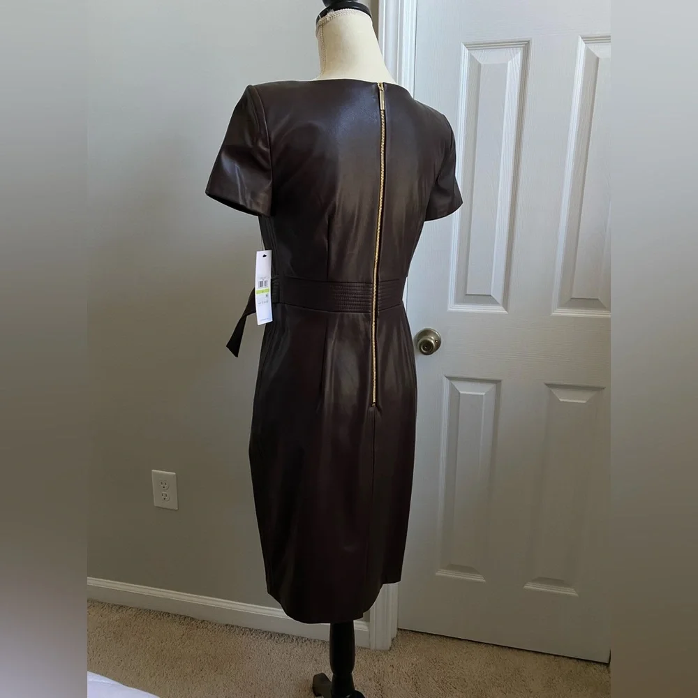 NWT Calvin Klein Belted Faux Leather Sheath Dress - Espresso Brown - Picture 7 of 16